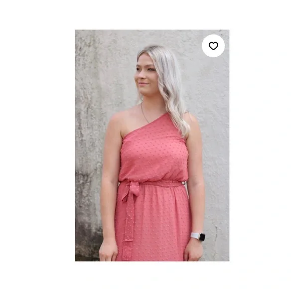 Peach Love California One Shoulder Dusty Rose Swiss Dot  Maxi Dress - Picture 2 of 5